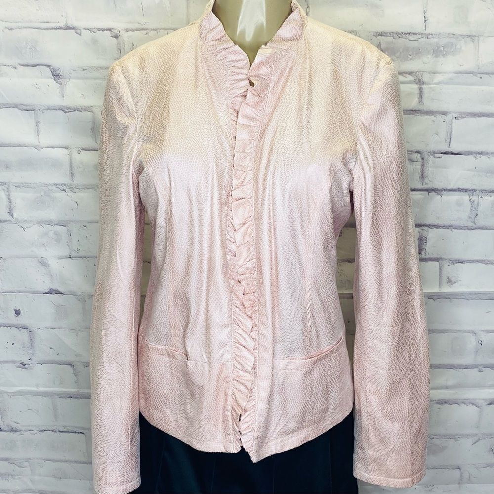 Chico’s pink open jacket ruffled snake skin print size 2
